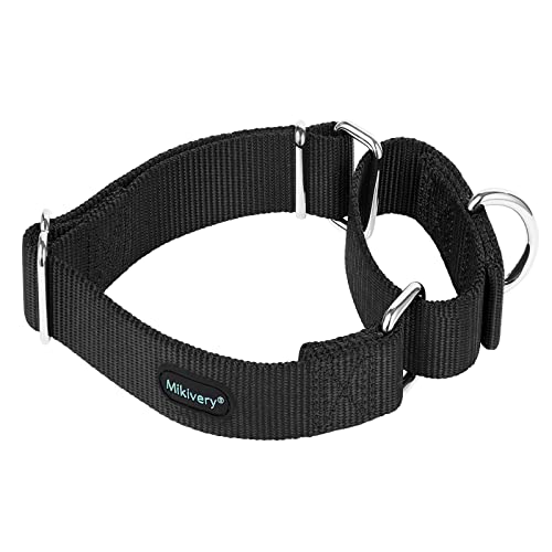 Mikivery Martingale Dog Collar Nylon Adjustable and Safety Training Colourful Comfortable Metal Buckle Pet Collars for Small Medium and Large Dogs(Black,L) - color: Black, size: L