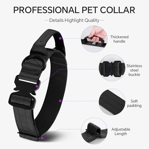 Tactical Thick Dog Collar, Adjustable Training Nylon Dog Collar, Heavy Duty Metal Buckle & Control Handle for Small Medium Large Dogs (15-21, L, Black) - color: Black, size: L
