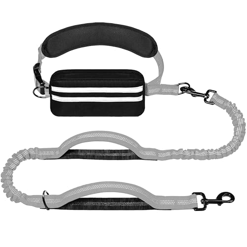 Hands Free Dog Leash with Zipper Pouch, Running Waist Leash for Dog Walking, Adjustable Waist Belt for Large Dogs, Reflective Bungee Design with Two Handle for Hiking, Training, Grey - color: Grey