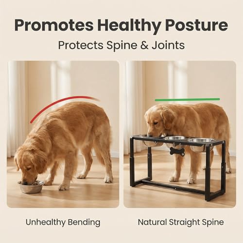 Metal Elevated Dog Bowls, Raised Dog Bowls for Medium/Large Sized Dogs with Three 58oz Stainless Steel Food Bowls, 3 Adjustable Height (8.8"/11.5"/14") Dog Bowl Stand Protect Neck & Joints - size: 8.8-14" | M/L Dogs | 3×58oz Bowls