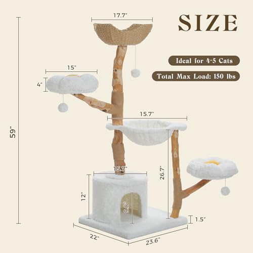 MUTTROS 59" Modern Cat Tree Tower for Large Cats w/2 Flower Perches-Natural Solid Wood Scratching Post with Real Branch-Luxury Boho Cat Furniture w/Condo & Wicker Basket Bed, Cloud White - color: Cloud White, size: 59" Solid Wood Cat Tree
