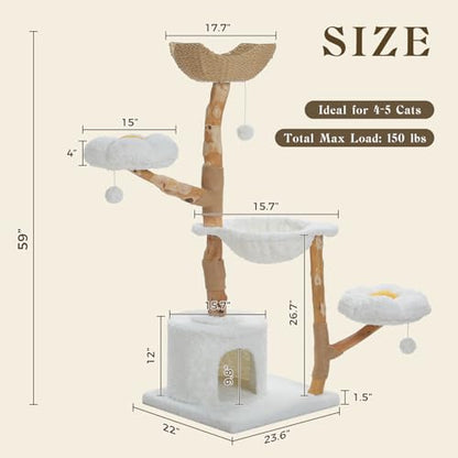MUTTROS 59" Modern Cat Tree Tower for Large Cats w/2 Flower Perches-Natural Solid Wood Scratching Post with Real Branch-Luxury Boho Cat Furniture w/Condo & Wicker Basket Bed, Cloud White - color: Cloud White, size: 59" Solid Wood Cat Tree
