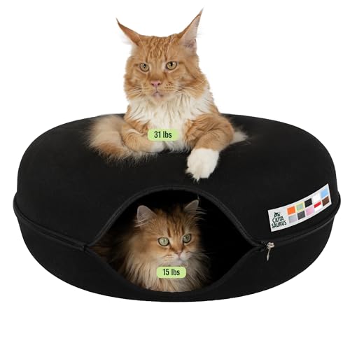 Cattasaurus Peekaboo Cat Cave Donut for Multiple & Large Cats up to 30-45 lbs, 3-in-1 Self Warming Cat Bed, Tunnel & Scratcher for Indoor Cats, Washable & Detachable Small Dog Bed (Black, Jumbo) - color: Black, size: Jumbo