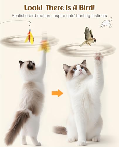 Pawaboo Feather Teaser Cat Toy, Interactive Feather Wand Cats Toy Flying Feathers Cat Catcher with Extra Long 34.5" Wand and Small Bell, Exerciser Playing Toys for Kitten or Cats, Yellow + Red Brown - color: Yellow + Red Brown