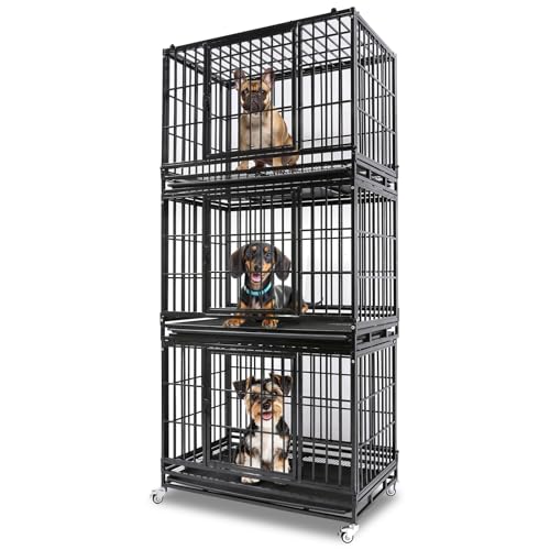 Homey Pet 37 Inch Heavy Duty Dog Crate Indestructible, Collapsible Dog Cage with Lockable Wheels, Removable Tray, High Anxiety Dog Kennel Indoor, Three Tiers Stackable Dog Crates for Medium Dogs - size: 37"L - 3 Tiers