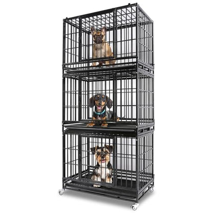 Homey Pet 37 Inch Heavy Duty Dog Crate Indestructible, Collapsible Dog Cage with Lockable Wheels, Removable Tray, High Anxiety Dog Kennel Indoor, Three Tiers Stackable Dog Crates for Medium Dogs - size: 37"L - 3 Tiers