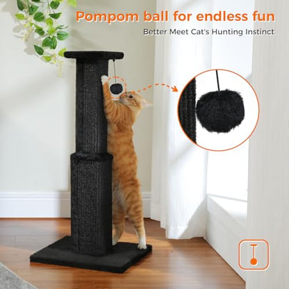PAWZ Road Large Cat Scratching Post 32” Tall Black Scratching Post for Indoor Cats Adults Ultimate Scratch Post with Woven Sisal, Large Base and Removable Dangling Ball- Black - color: Dark Black