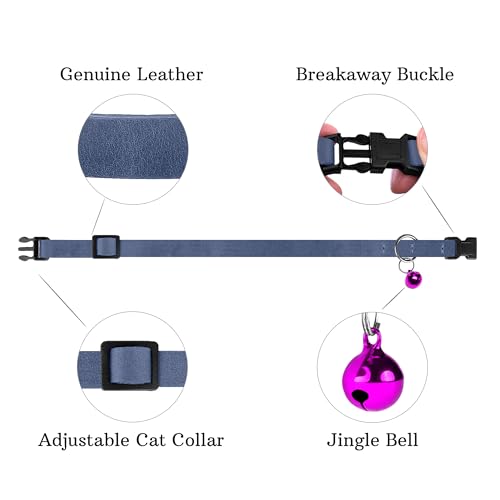 Muromto Breakaway Cat Collar Leather Soft Adjustable Pet Kitten Collars with Bell Pink Brown Blue Green Red (Blue)