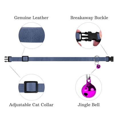Muromto Breakaway Cat Collar Leather Soft Adjustable Pet Kitten Collars with Bell Pink Brown Blue Green Red (Blue)