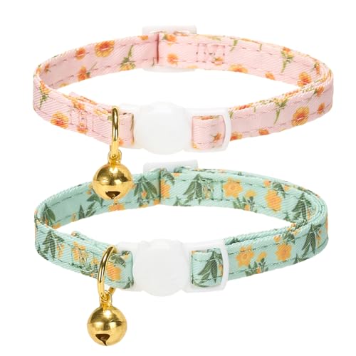 2 Pack Cat Collars, Removable Bowtie, Floral Pattern, Safety Breakaway Clasp, Adjustable for Cats.(Adult Cat,Mint Green and Lt Pink with Floral) - color: Mint Green+ Lt Pink