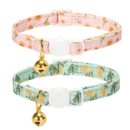 2 Pack Cat Collars, Removable Bowtie, Floral Pattern, Safety Breakaway Clasp, Adjustable for Cats.(Adult Cat,Mint Green and Lt Pink with Floral) - color: Mint Green+ Lt Pink