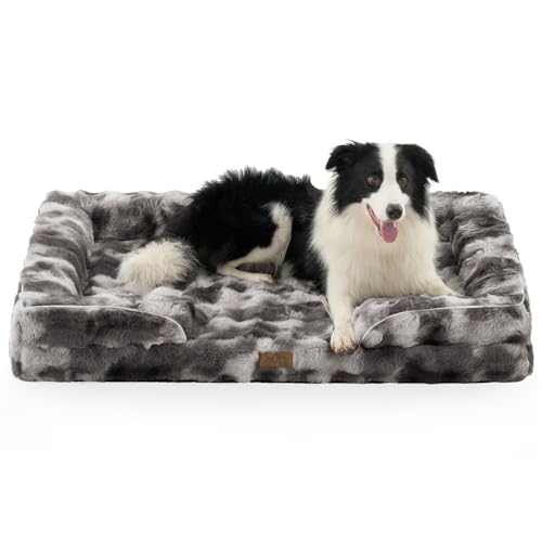 COZY KISS Orthopedic Dog Bed for Extra Large Dog 44x32 inch, XL Faux Fur Pet Sofa, Bolster Foam Bed with Sides, Non-Slip and Egg-Crate Big Dog Couch Bed with Washable Removable Cover, Tie Dye Grey - color: Tie-dye Grey, size: 44x32x7 inch