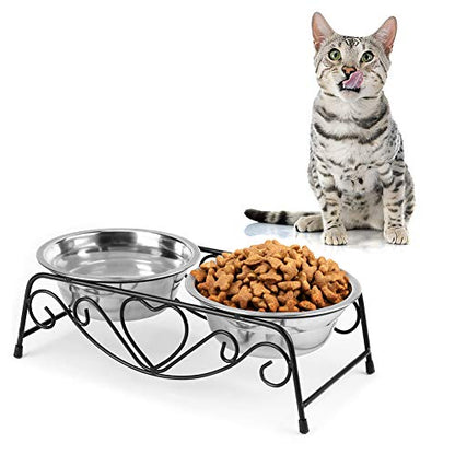 Pet Bowl, Double Cat Dog Waterer Bowls Stainless Steel Elevated Pet Water Food Feeder with Non-Slip Raised Stand for Small Dogs Cats Puppy Kitty