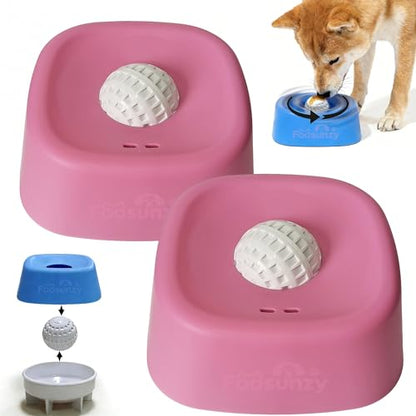 Slow Feeder Dog Bowls for Liquid with Rolling Ball, Interactive Lick Bowl Licking Slow Feeder for Wet Food, Water & Treats Lick Toy for Dogs Cats Large Medium Small (Style1-Pink+Pink) - color: Style1-Pink+Pink