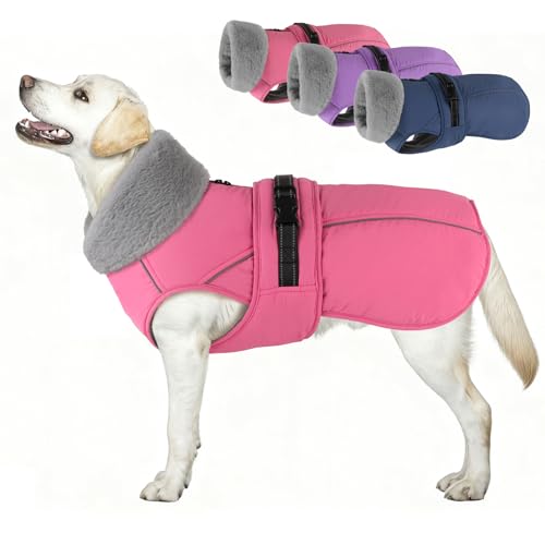 Dog Coat Large, Windproof Dog Jacket with Warm Fleece Lining, Thickened Collar Dogs Winter Coat, Adjustable Reflective Pet Coats for Cold Weather (Pink, XXX-Large) - color: Pink, size: XXX-Large