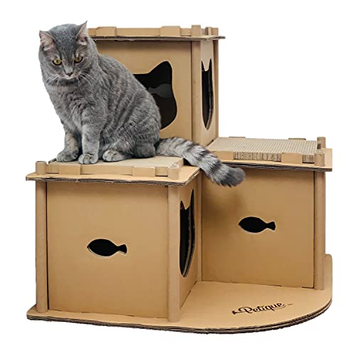 PETIQUE Feline Fortress Cat House: Eco-Friendly, Cat-Shaped Entrances, Fish-Shaped Handles, 7 Reversible Scratchboards, Lightweight, Easy Assembly, Sustainable, Compostable, Supports UP to 30LBS - style: Feline Fortress