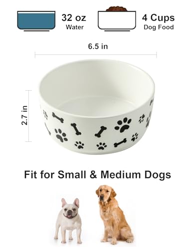 UBEE Ceramic Dog Bowl Set of 2, 6.5 inch Dog Food Bowl Dish with Bone Paw Pattern, Pet Food Water Dish Feeding for Small and Meidum Dogs and Large Cat, White - color: White-dog paw, size: 6.5 inch x 2
