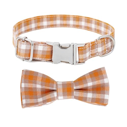 Plaid Dog Collar with Bowtie, Detachable and Adjustable Bow Tie Cat and Dog Collar with Metal Quick Release Buckle Pet Gift for Small Medium Large Dogs (Orange, Small) - color: Orange, size: Small