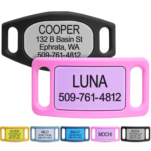 GoTags Silicone Slide On Pet ID Tag, Personalized Engraved Colorful Collar Slide Dog Tag Nameplate for Pets, No Noise Quiet Dog Tags Small Medium Large in 5 Colors