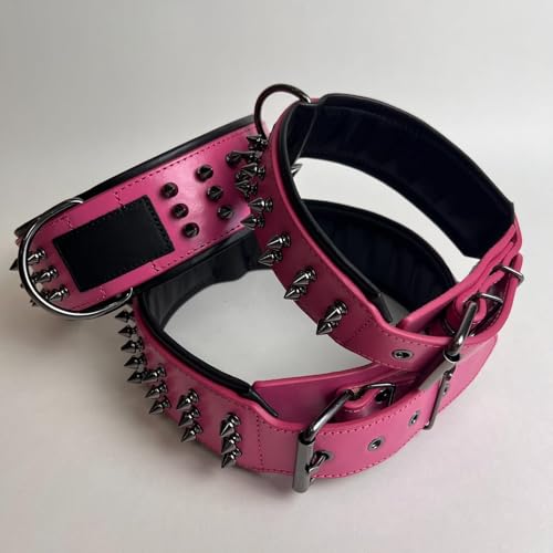 Luxury Leather Spike Dog Collar, Double-Layer Soft Cowhide, Punk Style for Medium and Large Dogs, Pit Bulls, Rowena (Pink,M-Neck 33-41cm) - color: Pink, size: M-neck 33-41cm