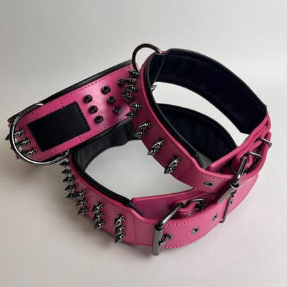 Luxury Leather Spike Dog Collar, Double-Layer Soft Cowhide, Punk Style for Medium and Large Dogs, Pit Bulls, Rowena (Pink,XL-Neck 49-57cm) - color: Pink, size: XL-neck 49-57cm