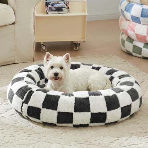 Ohocut Checkered Dog Bed, Cute Black White Retro Style Aesthetic Round Warming Pet Calming Beds for Small Dog and Cats, Plush Cozy Donut Dog Beds Washable, 30" L x 30" W x 8" Th - color: Black, size: 30"L x 30"W x 8"Th