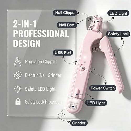 2-in-1 Dog Nail Grinder & Dog Nail Clippers Trimmers for Large Medium Small Dogs Cats Pets Claw Trimmer with LED Lights (Pink) - color: Pink