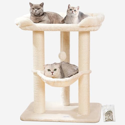Happi N Pets 28" Cat Tree, Large Bed for Big Cats, Small Cat Tower with Soft Perch for Window Viewing, Stable Cat Tree Tower, Cat Scratching Post with Hammock, Removable Cover-Beige - color: Beige