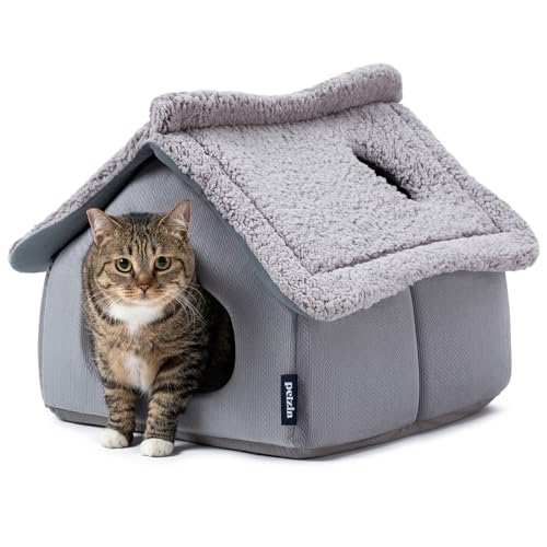 Pelzin Cat Houses for Indoor Cats - Large Cat Cave Bed with Removable Support Foam and Washable 2-Side Mat - Covered Cat Bed for Cat Hideaway - Enclosed Cat Hideout for Kitten and Small Pet, Grey