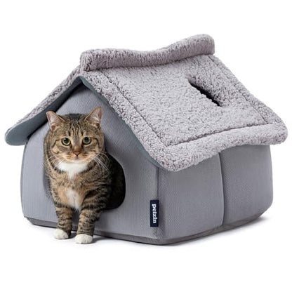 Pelzin Cat Houses for Indoor Cats - Large Cat Cave Bed with Removable Support Foam and Washable 2-Side Mat - Covered Cat Bed for Cat Hideaway - Enclosed Cat Hideout for Kitten and Small Pet, Grey