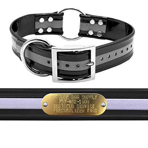 Outdoor Dog Supply 1.5" Wide 21" Long Reflective Black Waterproof Dog Collar with Center Ring & Custom Brass Name Plate – Durable, Odor-Resistant for Large & XL Breeds - color: Reflective Black, size: 21" Long