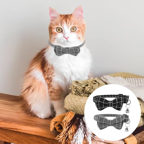 Jeffdad 2Pcs Cat Collar Breakaway, Cat Collar with Bells Bowtie Plaid Cat Collar Adjustable for Kitten Puppy and Small Pets (Black and Gray Plaid) - color: Black and gray plaid