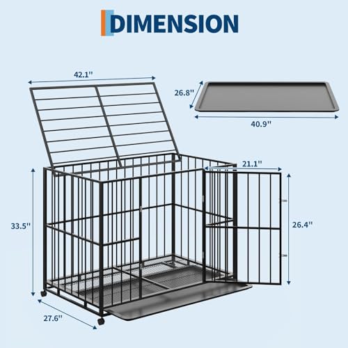 42 Inch Dog Crate for Medium Sized Dogs, Heavy Duty Stainless Steel Dog Kennel Indoor Escape Proof with Wheels and Removable Tray, Indestructible Dog Cage Stackable for Medium Small High Anxiety Dogs - size: 42 inch