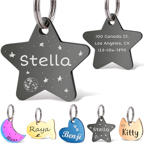 Anavia Small Size Dog Cat ID Tags, Small/XS Personalized Color Plated Stainless Steel Puppy Kitten Name Tags, Customized Engraved Nameplate Pet Collar Tag (Black, Star) - color: Black, size: Regular-Star