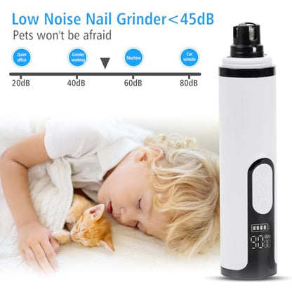 Pet Nail Grinder for Dogs and Cats - Super Quiet and Low Vibration Electric Dog Nail Grinder with 2 LED Lights - USB Rechargeable and Cordless - 3 Speeds - Small to Large Pets (White)