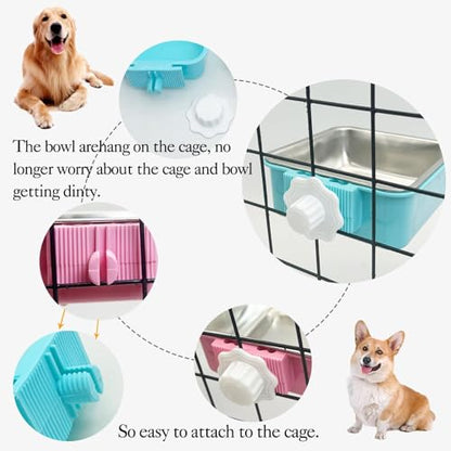 kathson Crate Dog Bowl, Removable Stainless Steel Hanging Pet Kennel Cage Bowl Food & Water Feeder Coop Cup for Puppy, Cat, Rabbit,Guinea Pigs 2pcs Large Square(Blue,Pink) - color: Large square (Blue, Green), size: 2 PCS