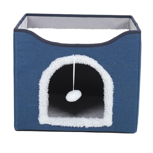 Foldable Cat House, 2 Layer Collapsible Kitten House Multifunctional Cat Cave Bed Soft Cat Scratcher House, Cat Bed Cave Cat Cubes Cat Hideaway for Indoor Cats(Navy Blue) - color: Navy Blue