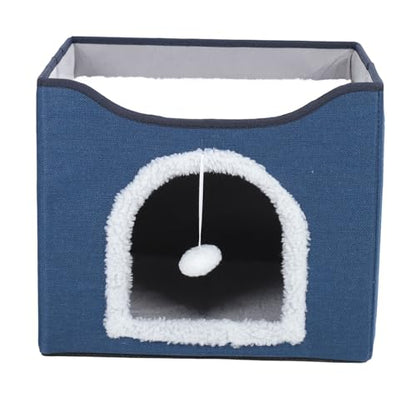 Foldable Cat House, 2 Layer Collapsible Kitten House Multifunctional Cat Cave Bed Soft Cat Scratcher House, Cat Bed Cave Cat Cubes Cat Hideaway for Indoor Cats(Navy Blue) - color: Navy Blue