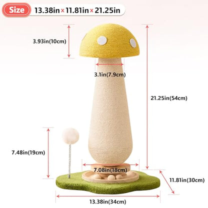 Mushroom Cat Scratching Post Cat Tree, 21.5‘’ H Cute Cat Scratcher Tower with Durable Solid Wood Turntable Toy, Lemon Yellow Mushroom Scratch Post Cat Sisal Scratcher with Catnip for Indoor Cats - color: Yellow Mushroom