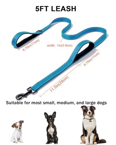 Aeclleca Soft Handle Reflective Black Dog Leash with 2 Padded Handles, 5FT Heavy Duty Pet Lead for Medium & Large Dogs, Comfortable Anti-Slip Grip & Night Safety Design (Sky Blue) - color: Sky blue