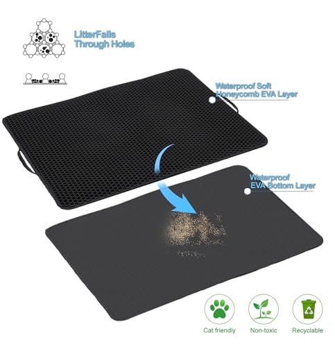 Cat Litter Mat with Handles, 30"x 24" Litter Trapping Mat, Double Layer Honeycomb Litter Box Mat, Waterproof Urine Proof Kitty Litter Mat,Easy Clean Scatter Control