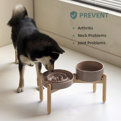 Havniva 8.2” Raised Slow Feeder Dog Bowls Set, 1.6 Cups Ceramic Slow Feeder Dog Bowl and 7.3” Dog Water Bowl with Elevated Wooden Stand Puzzle Dog Food Bowl for Medium Dogs Anti-Gulping & Anti-Choking - color: 2 x Brown Coffee+Stand-A, size: 8.2inch