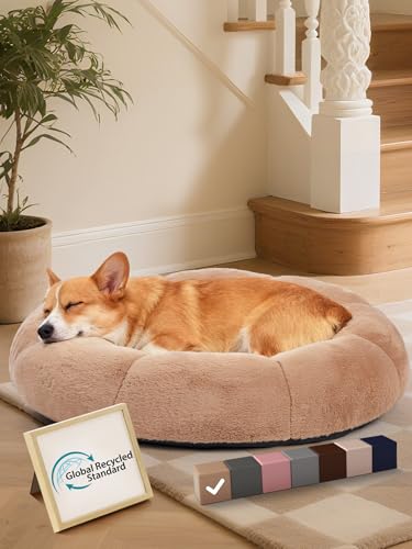 OhGeni 31 inches Calming Donut Orthopedic Dog & Cat Bed for Medium Pets, Warming Comfort Fluffy Short Pile Fur, Durable Waterproof Machine Washable Removable Cover, Cute Round Bed for Puppy, Camel - color: 1-Camel, size: L (31"L x 31"W x 9"Th)