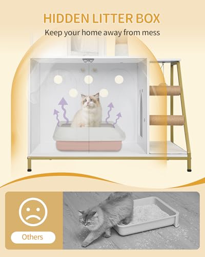 Hzuaneri Cat Litter Box Enclosure with Cat Tree, 4-in-1 Modern Cats House with Large Platform, Cats Condo with Sisal Scratching Mat, Posts, Stairs and Pompom, Washable Cushions, White Gold CB81013A - color: White and Gold