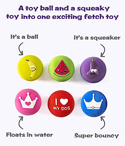 Squeaky Dog Ball, Latex Cute Dog Toys for Puppy and Small Dogs Soft Rubber Fetch Play Catch Ball Bounce and Funny Squeak Pet Toys - color: 2.2“ Fruit&Crown - 6 Pack, size: Small