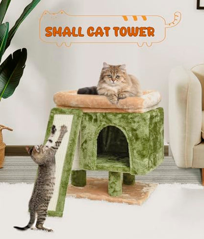 SYANDLVY Small Cat Tree for Indoor Cats, Cat Tower with Scratching Post, Modern Activity House for Large Cats, Condo with Board, Kittens Cave - color: Beige & Green