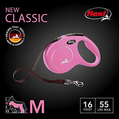 FLEXI New Classic Tape Retractable Dog Leash for Medium Dogs Upto 55 lbs. – 16 ft., Pink | Tangle Free Pet Walking Leash with One-Handed Brake, Pause, Lock | German Quality Product - color: Pink, size: Medium - 16 Feet (Tape)