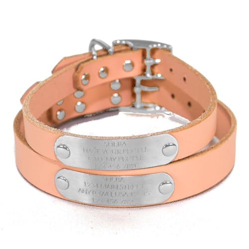 Handmade Personalized Bridle Leather Dog Collar, Engraved Stainless Steel Nameplate (Blush Pink) - color: Blush Pink