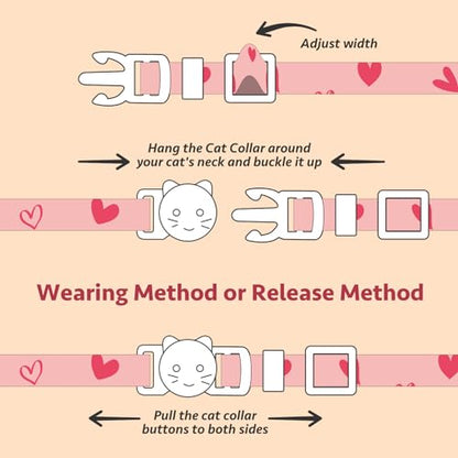 2 Pack Cotton Breakaway Cat Collar Pink and Gray Heart Shaped Pendant Cute Kitten Cat Collar with Bell - color: Pink&Gray