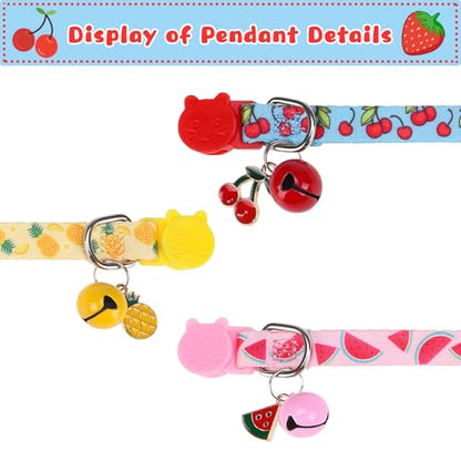 Breakaway Cat Collars with Bell & Cute Pendants, 3 Pack Safety Buckle Kitten Collars, Adjustable Pet Collar Ideal for Girl Boy Cats Puppy (Style A - New Fruit) - color: Style A - New Fruit